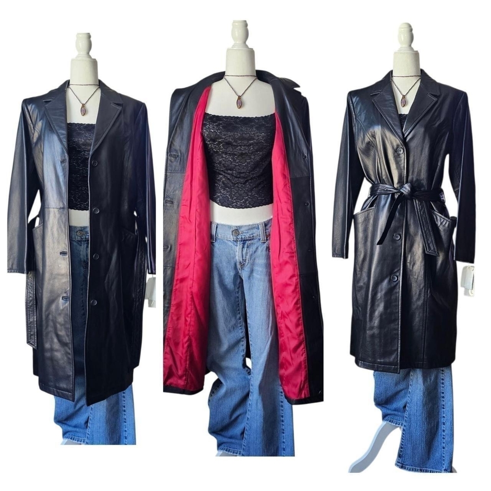 Murano 90s Y2K Black Leather Trench Jacket Coat with Tie Waist - Large